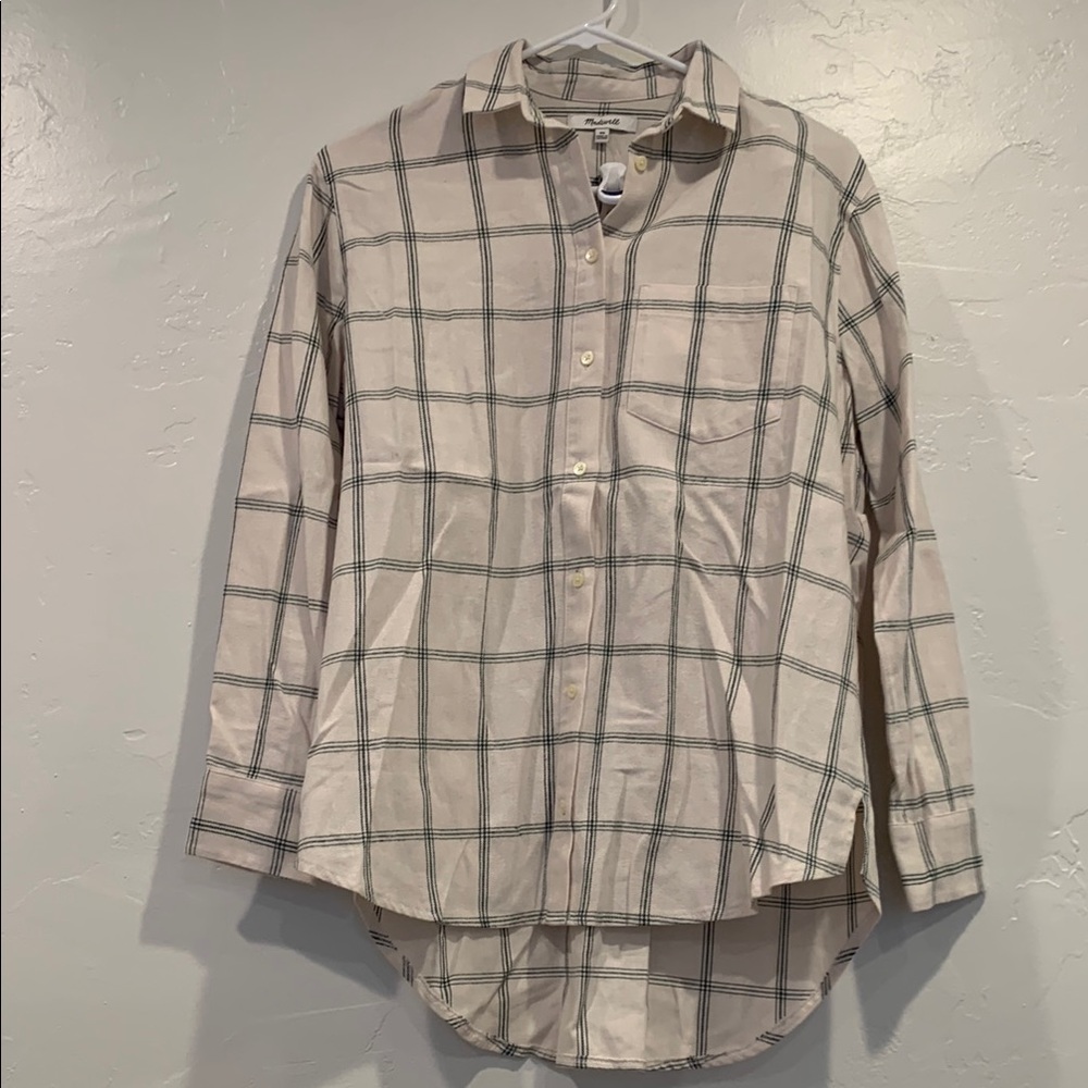 Madewell Cream and Green Button Down Shirt with Classic Design